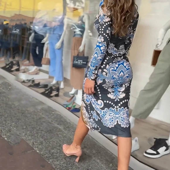 Deep V Draped Slim Office Dress Summer Printed Patchwork Long Sleeved PartyDress - Picture 7 of 7